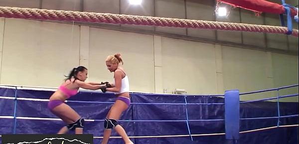  Lesbian euro chicks wrestle in a boxing ring